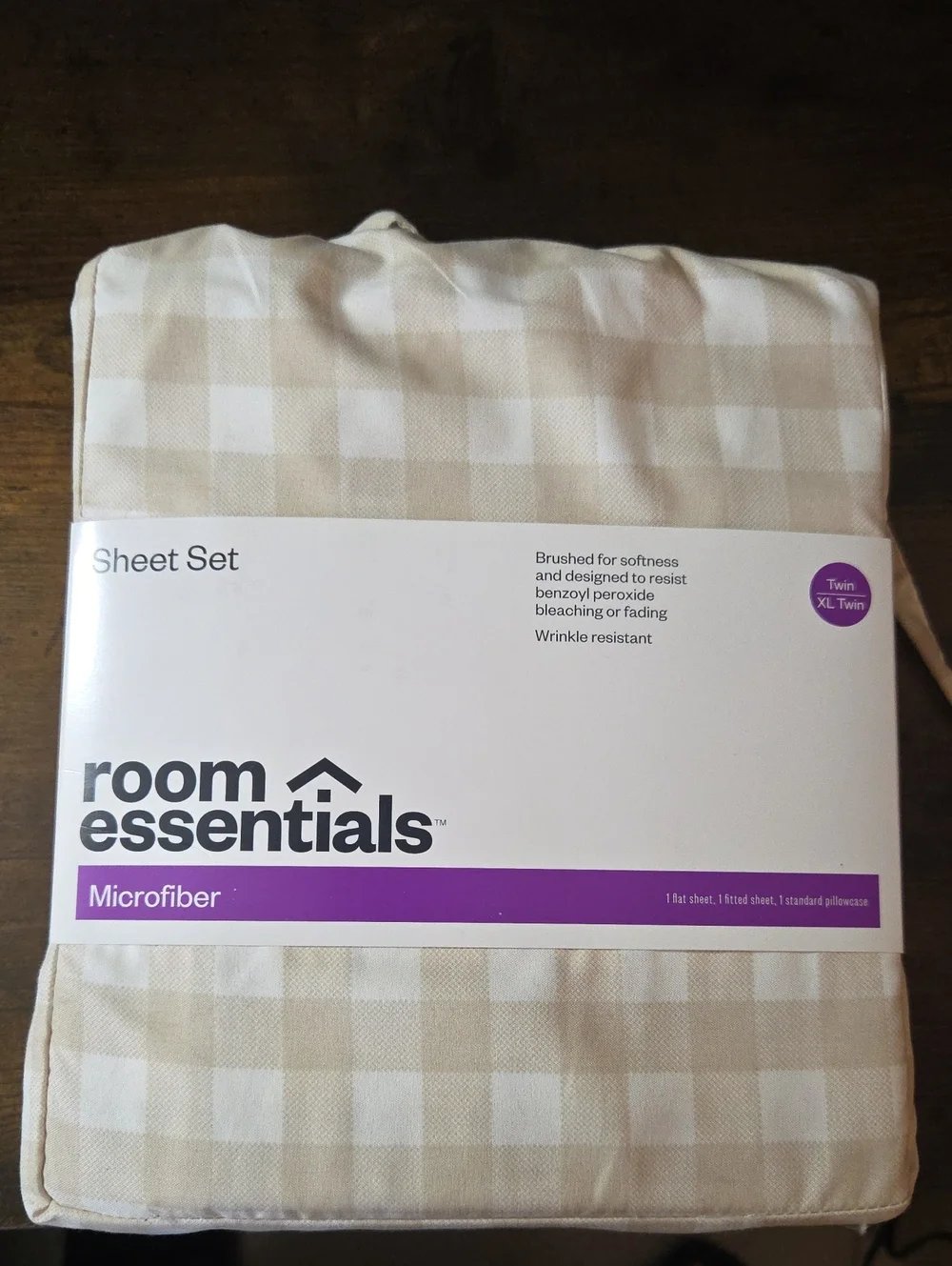 Room Essentials Beige and White Gingham Microfiber Sheet Set